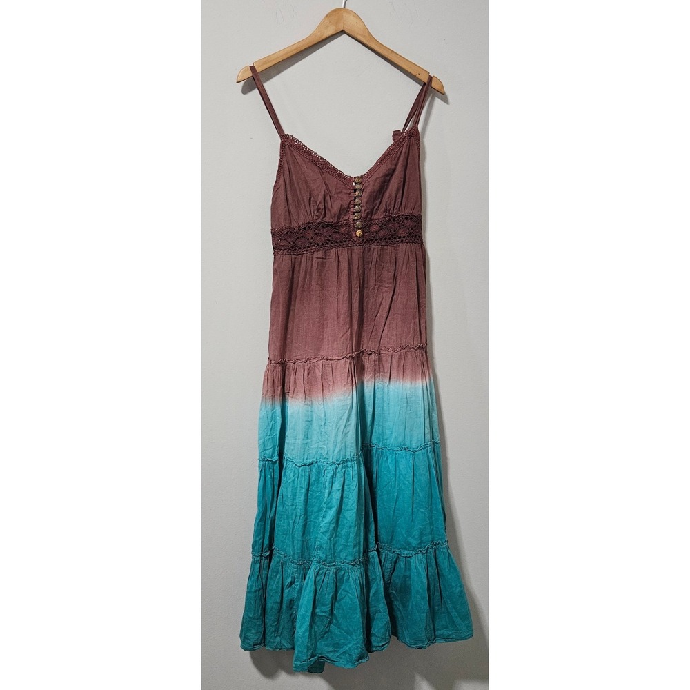 Vasna Desire Brown Turquoise Ombre Cotton Tiered Maxi Dress Crochet Lace Boho M